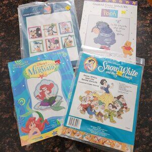 4 Disney Snow White 7 Dwarf Little Mermaid Pooh Mickey Counted Cross Stitch Kits